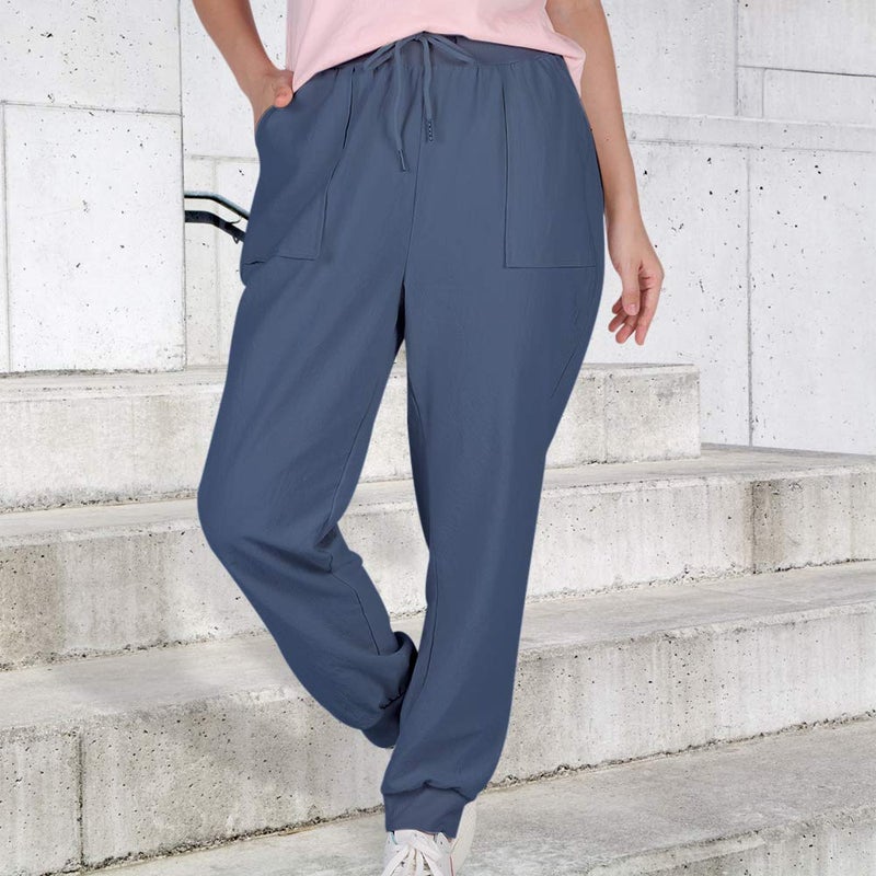 Puimentiua Womens Tapered Pants Cotton Linen Drawstring Back Elastic Waist Pants Casual Trousers with Pockets Navy - Image 4